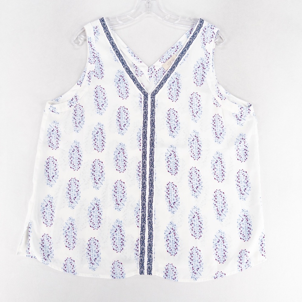 Loft Outlet Blouse Tank XL White Blue Floral V Neck Sleeveless Lightweight